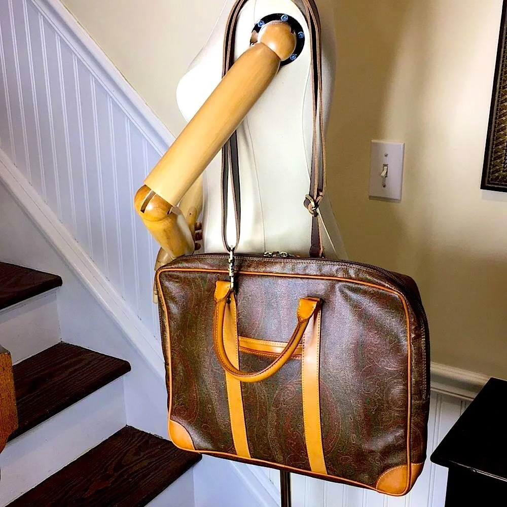 ETRO MILANO Red Paisley Coated Canvas Vachetta Top Handle Briefcase Laptop Bag